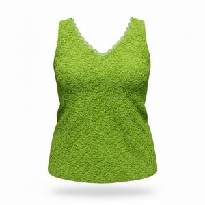 Susan Graver Plus Size 1X Chartreuse Stretch Lace V-Neck Tank Top Liquid Knit